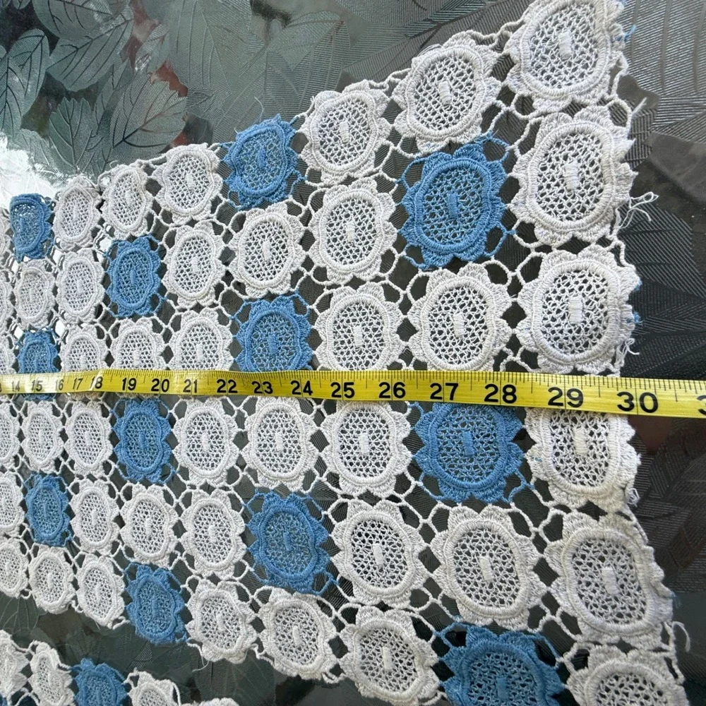 Vintage Crochet Lace Table Runner Set Blue White Floral 5 Piece Cottagecore